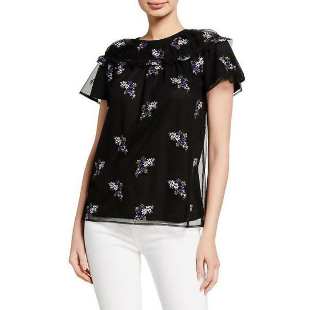 MICHAEL Michael Kors Forget Me Not Floral Blouse Black Multi Orchid Haze XS